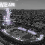 A computer rendered image of a fireworks display above a stadium.